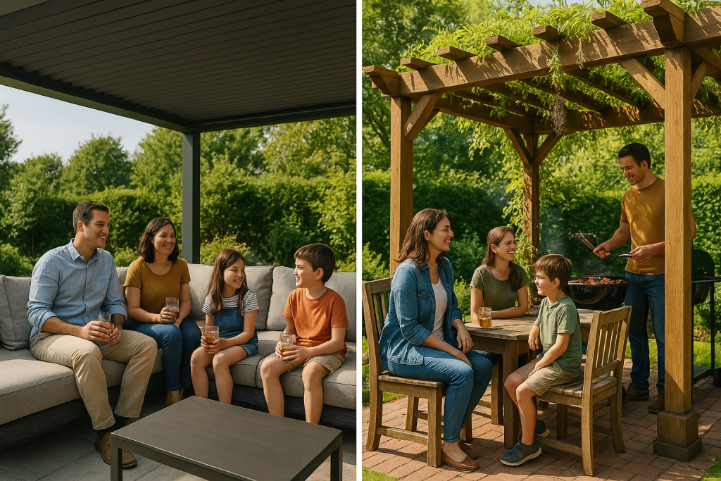 Two families enjoying their backyard pergolas